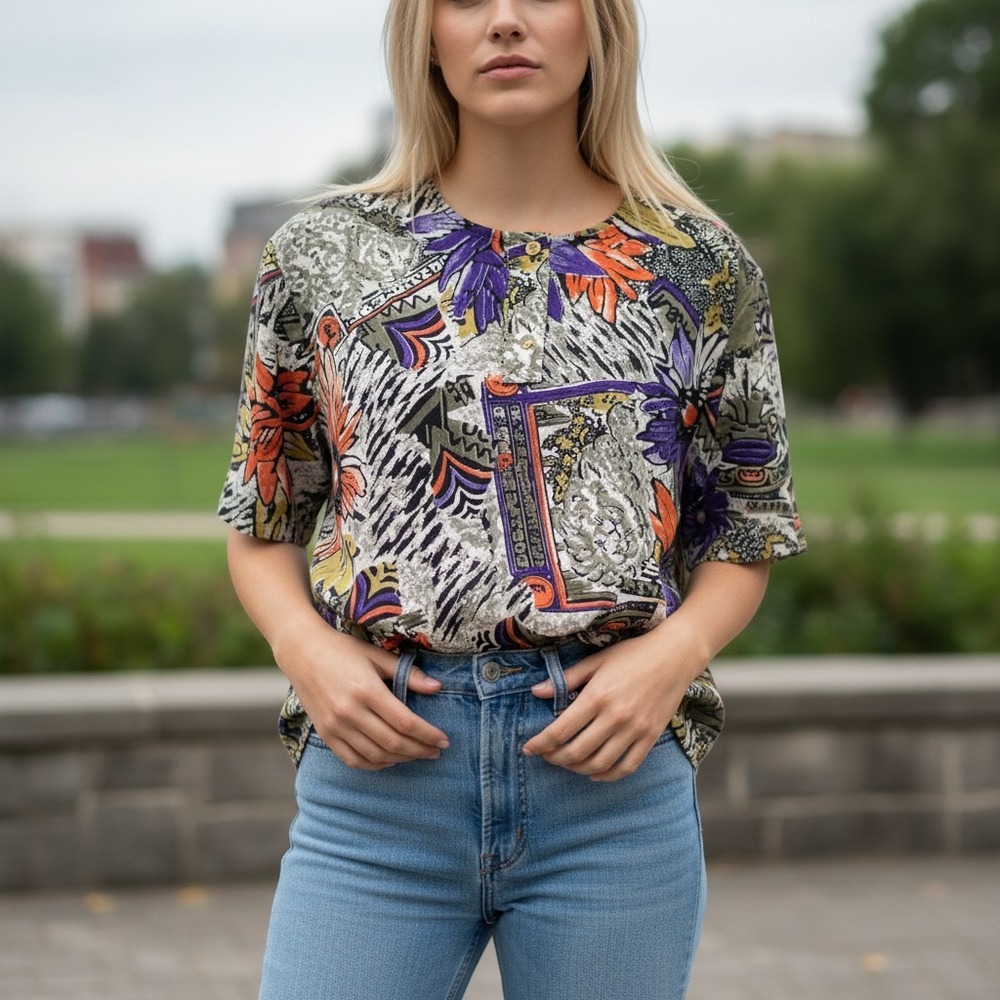 Women's Short Sleeve Patterned Top in Orange & Purple - Unbranded